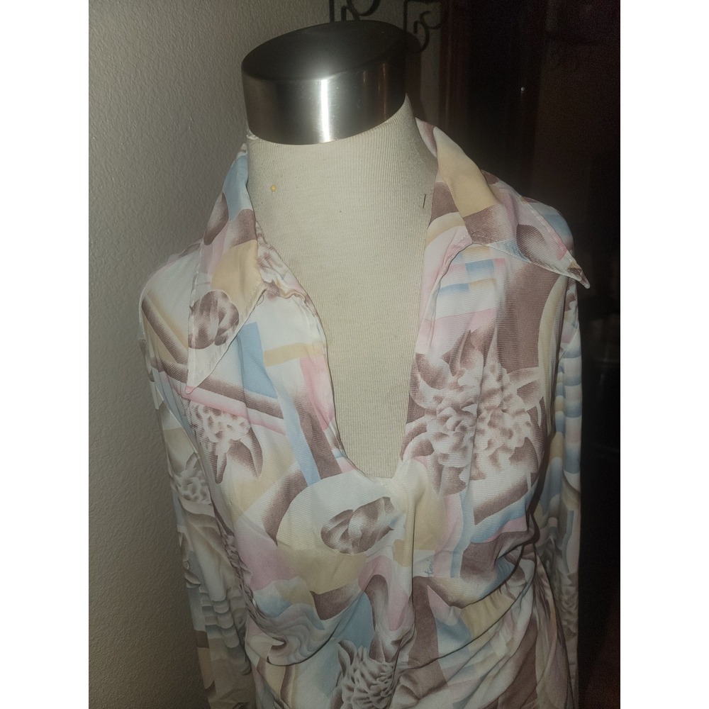Vintage 70s Toni signed blouse shirt abstract floral collared tunic Shirt L A26